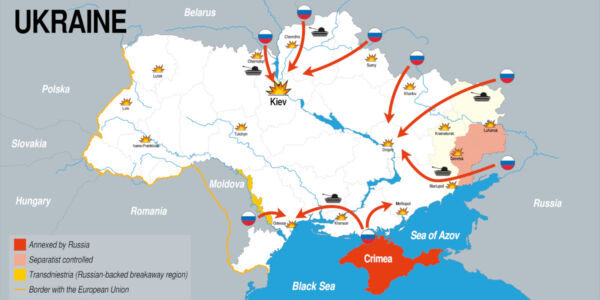 Map of the Russian invasion of Ukraine in blue, gray and white color. Vector image