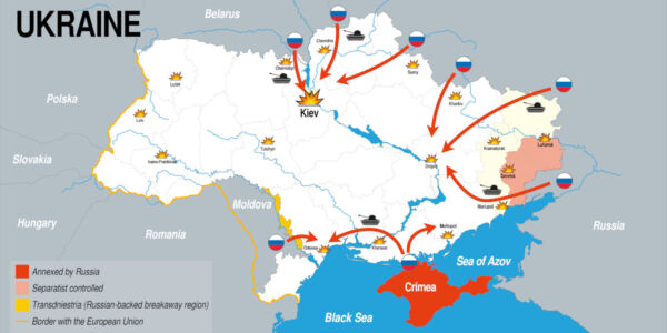 Map of the Russian invasion of Ukraine in blue, gray and white color. Vector image
