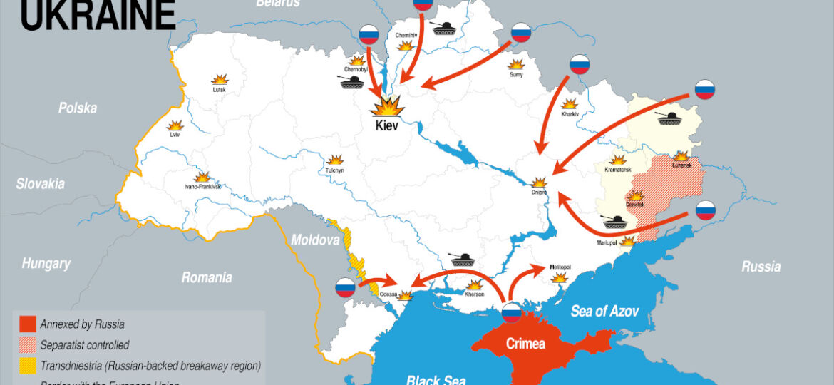 Map of the Russian invasion of Ukraine in blue, gray and white color