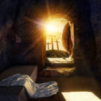 He is Risen. Empty Tomb With Shroud. Crucifixion at Sunrise. -3d rendering. - Illustration.